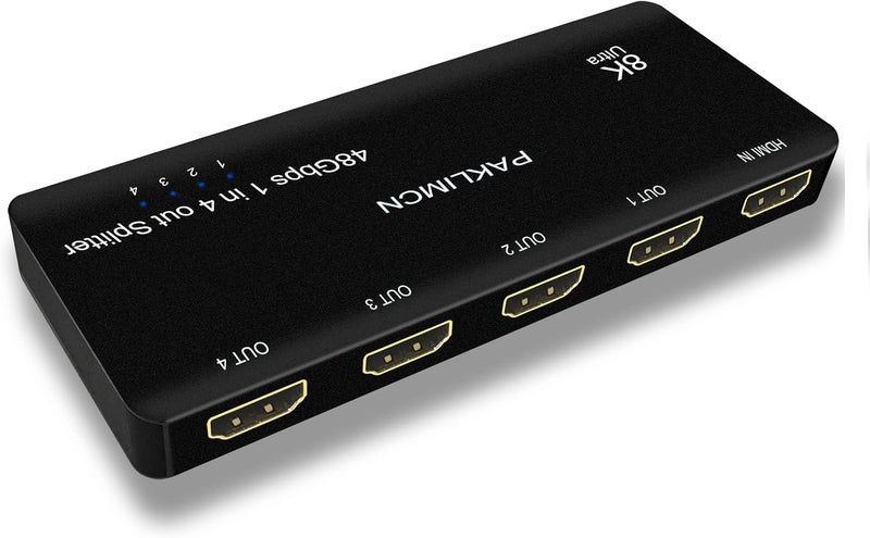 PAKLIMCN 8K HDMI Splitter 1 in 4 Out 4K 120Hz,1X4 HDMI Duplicator Adapter-1 to 2 Output Simultaneously for 2or4 Displays, Support Full HD1080P 3D HDCP 1.4 for PS3/4, Blu-Ray DVD Player-Not for Extend (8K 1X4) - Image 1